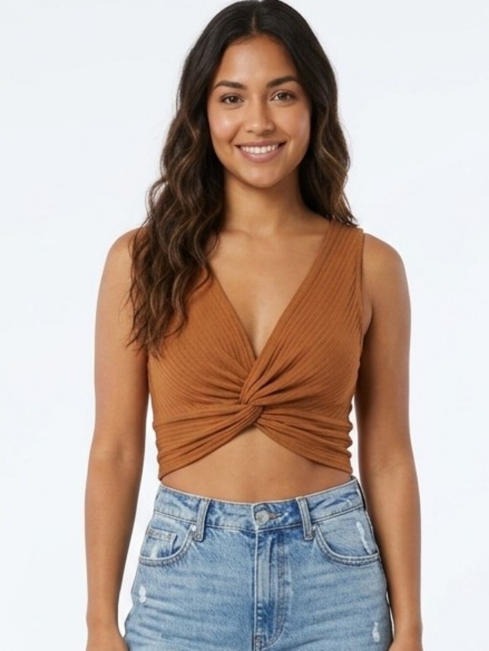 Twist-Front Ribbed Crop Top in Caramel Brown - Women